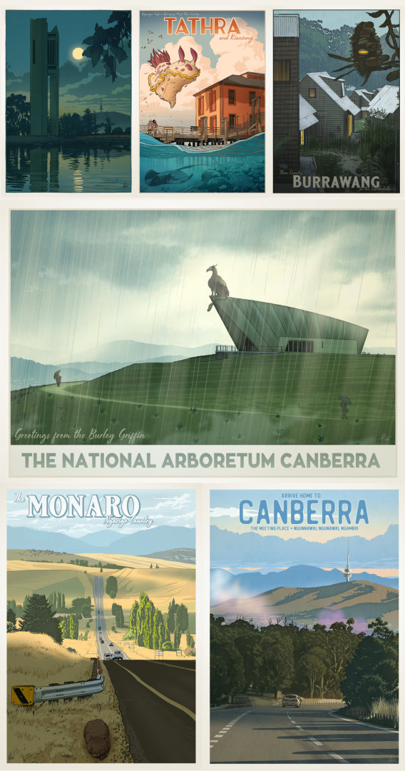 A collage of six new drawings of Canberra and surrounds: a night-time scene of the Carillon on Lake Burley Griffin; a giant nudibranch sailing over the Tathra wharf at sunset; cabins amongst a banksia forest on the NSW south coast; the Burley Griffin perched on the Margaret Whitlam pavilion at the National Arboretum Canberra; the Monaro Highway; and Black Mountain in Canberra and the Brindabellas beyond, viewed from the Federal Highway.