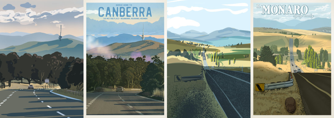 A collage of two sketches and two finished drawings, one pair showing the Monaro Highway heading towards Canberra, the other pair showing Black Mountain as viewed from the Federal Highway.